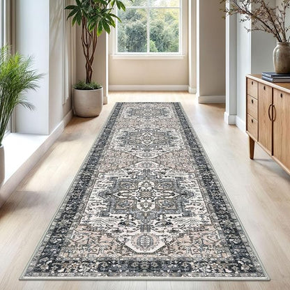 KOZYFLY Long Runners for Hallways 3x10 Ft Washable Kitchen Rug Faux Wool Printed Stair Runner Floor Carpet for Bedroom Entryway Stairs Kitchen Hall Indoor Use, Black/Taupe/Beige