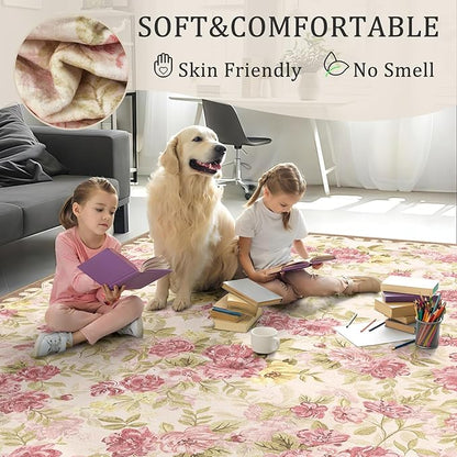 8x10 Machine Washable Area Rug for Living Room, Pink Vintage Boho Floral Rug Large Non-Slip Low Pile Soft Faux Wool Carpet, Kids and Pets Friendly for Bedroom Dining Room Farmhouse Home Decor Rug