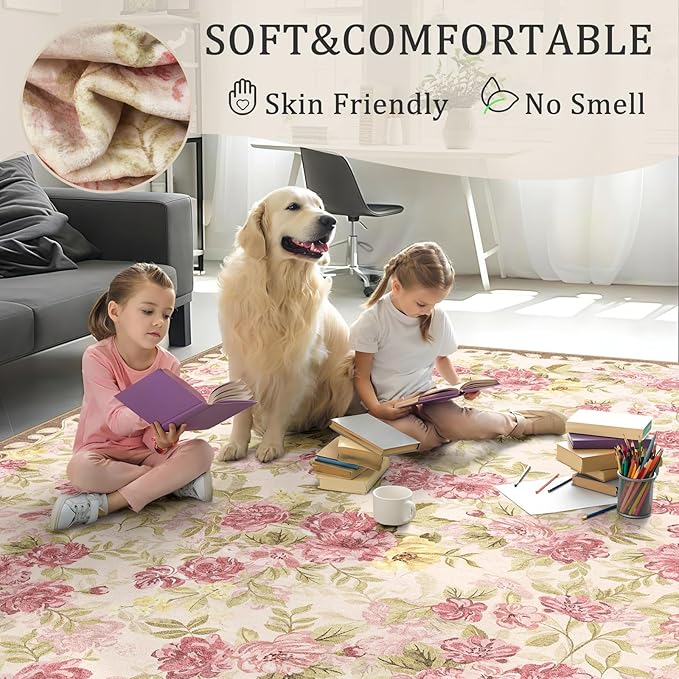 5x8 Machine Washable Area Rug for Living Room, Pink Vintage Boho Floral Rug Large Non-Slip Low Pile Soft Faux Wool Carpet, Kids and Pets Friendly for Bedroom Dining Room Farmhouse Home Decor Rug