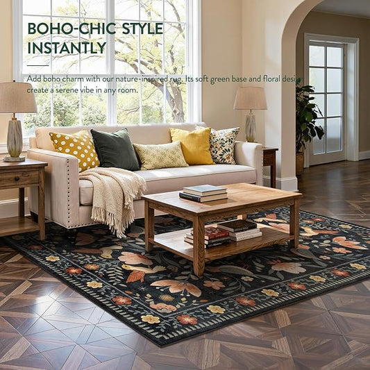 Moynesa Floral Bird 6x9 Black Area Rug for Living Room Bedroom Dining Room, Folk Art Home Decorations for Modern Transitiona Open Areas,Family Friendly Comfort Floor Protection Non-Slip Washable