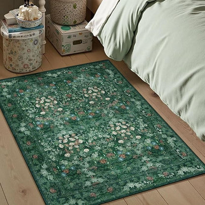 Green Cottagecore Washable Floral Rugs for Entryway - 2x3 Small Vintage Throw Rugs for Kitchen, Bathroom, Laundry, Indoor Entrance - Low Pile Non Slip Thin Rug, Boho Distressed Front Door Floor Mat