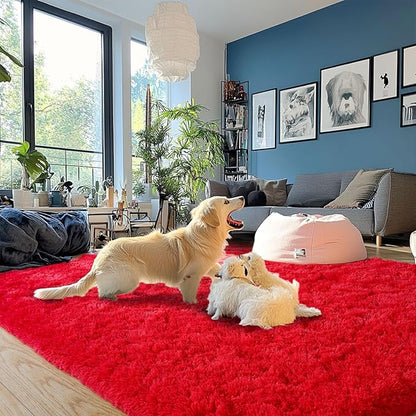 Red Fluffy Rug Plush Carpet for Bedroom Dorm, Non-Slip High Pile Rug, Shag Rug for Playroom Nursery Home Office Decor 5X7Ft
