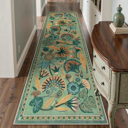 Floral Kitchen Rugs, 2.5X8 Green Runner Rug for Hallway, Non Slip Rugs for Entryway, Washable Carpet Runner with Rubber Backing, Vintage Rug for Bathroom Bedroom Indoor