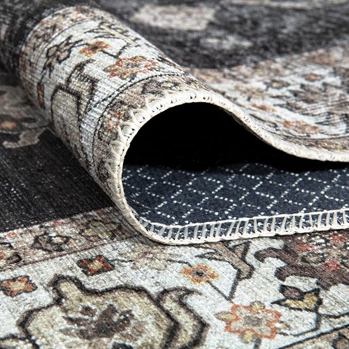 Bloom Rugs Washable Non-Slip 10 ft Runner - Black/Ivory Traditional Runner for Entryway, Hallway, Bathroom, and Kitchen - Exact Size: 2.5' x 10'