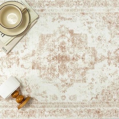 Runner Rug 3x8 Cream Hallway Washable Beige Carpet Non Slip Vintage Medallion Beige Carpet Low Pile Soft Distressed Retro Indoor Long Rug for Entryway Kitchen Bathroom Laundry Bedroom