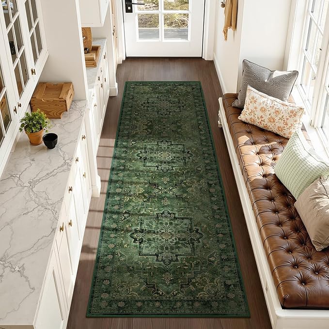 Dark Green 2'6''x8' Kitchen Runner Rug, Retro Distressed Moody Medallion Runners for Hallways Non Slip Washable, Low Pile Thin Entryway Runner Rug Indoor Foyer Mudroom Bedroom