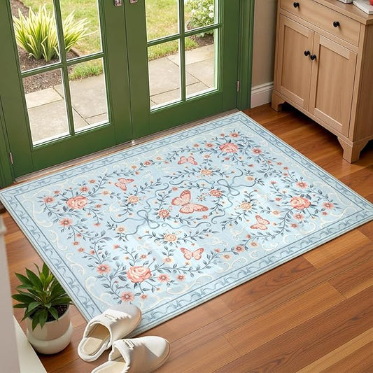 GarveeHome 2x3 Floral Area Rug Non Slip Entryway Mat Low Pile Stain Resistant Butterfly Kitchen Rugs Soft Small Throw Carpet for Dining Room Bedroom Washable Bow Rugs for Living Room Bathroom, 2x3