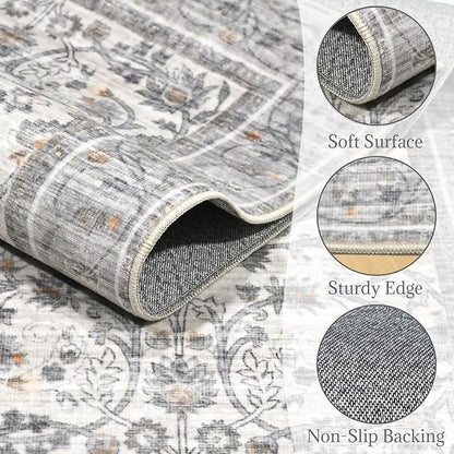 6x9 Washable Rug Vintage Fade Resistant Boho Distressed Non-Slip Indoor Large Carpet Low Pile Lightweight & High-Traffic Safe for Bedroom, Dorm, Playroom - Farmhouse Decor