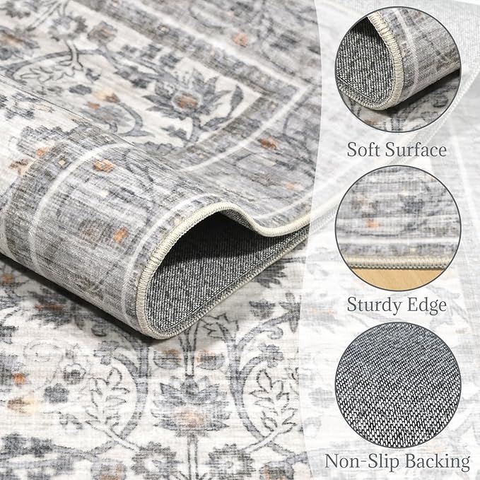 2'x6' Washable Runner Rug Utral Soft Lightweight Vintage Boho Distressed Non-Slip Backing,Low Pile Stain Resistant Farmhouse Rug for High-Traffic Hallway, Kitchen & Laundry