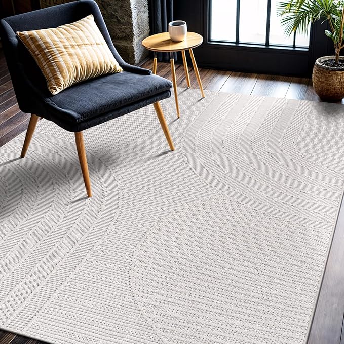 CAMILSON Micro Loop Rug 4x6 Modern Luxury Geometric Arch Area Rugs Soft High and Low Pile Stain Resistant Easy-Cleaning Non-Shedding for Living Room Office Indoor Carpet (4 x 6 / White)