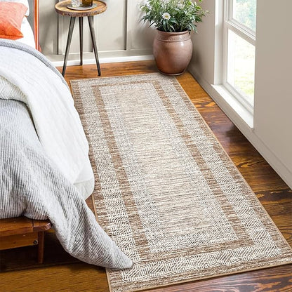 GarveeHome 2.5x8 Modern Bordered Runner Rug Soft Non Slip Washable Floor Carpet Distressed Geometric Hallway Indoor Printed Rug for Kitchen Entrance, Brown