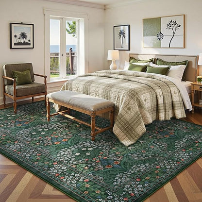 Lahome Floral 9x12 Area Rugs for Living Room Bedroom, Soft Washable Rugs 9x12 Stain Resistant, Ultra-Thin Non-Slip Boho Dining Room Rug Non-Shedding Accent Carpet for Office, Dark Green