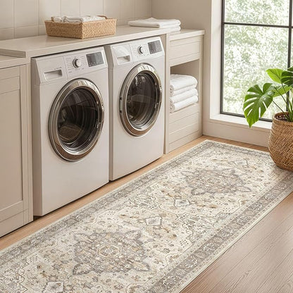 Runner Rug Kitchen Washable Rugs: 2x6 Non-Slip Boho Soft Vintage Stain Resistant Indoor Floor Neutral Farmhouse Throw Carpet for Hallway Bathroom Laundry Room Entryway Bedroom- Brown