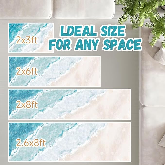 Beach Pattern 2.6x8ft Runner Rug Non Slip Washable Kitchen Runner Rug with Rubber Backing，Low-Pile Soft Washable Runner Rugs for Hallway Entryway Kitchen Bedroom Living Room Bathroom