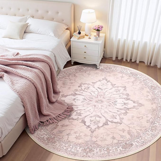 Area Rugs 7ft Washable Non-Slip, Floral Vintage Distress Print Pattern Medallion Carpet for Living Room Bedroom Dining Room, Pink Greypink Cute