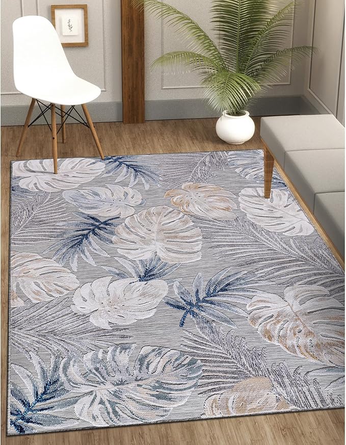 CAMILSON Indoor Outdoor Rug, Blue 5x7 Leaf Tropical Botanical Area Rugs for Indoor and Outdoor patios, Easy-Cleaning Non-Shedding Living Room, Garden and Kitchen Washable Outside Carpet (5 x 7)