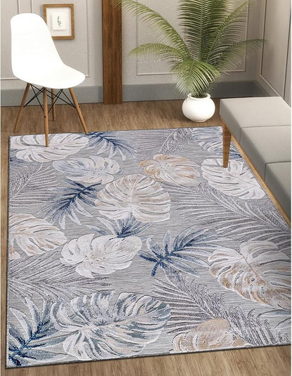 CAMILSON Indoor Outdoor Rug, Blue 5x7 Leaf Tropical Botanical Area Rugs for Indoor and Outdoor patios, Easy-Cleaning Non-Shedding Living Room, Garden and Kitchen Washable Outside Carpet (5 x 7)
