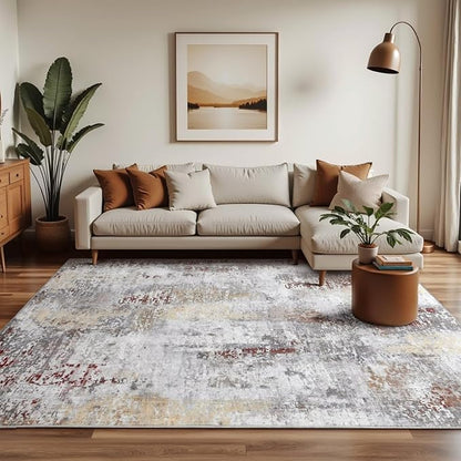 Washable Abstract Rug, 3x5 Modern Area Rugs with Non-Slip Rubber Backed for Bedroom, Thin but Soft Contemporary Carpet Kitchen Living Room Decor, Rusty Brown