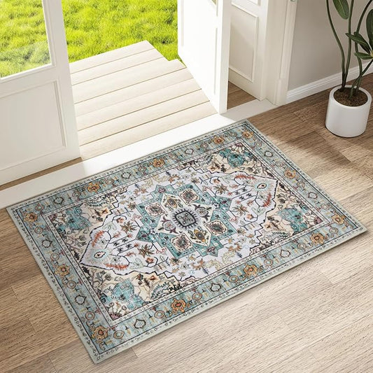 WILLSUN Washable Area Rugs, 2x3 Non-Slip Boho Small Area Rugs for Entryway, Kitchen, Bathroom, Machine Washable Vintage Rug, Indoor Floral Print Carpet for Home Decor, Kid & Pet Friendly Mat