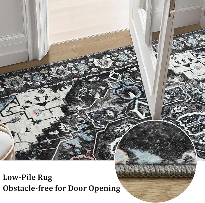 Beglad Area Rugs 5x7 for Living Room, Bedroom, Washable Vintage Rugs -Low Pile Soft Distressed Rugs for Kitchen, Dining Room, Non Shedding, Black and Blue