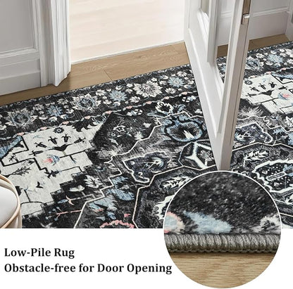 Large Area Rugs 9x12 for Living Room, Bedroom, Washable Vintage Rugs -Low Pile Distressed Rugs for Kitchen, Dining Room, Water Repellent & Non Shedding, Black and Blue