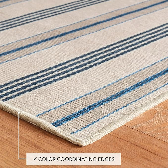 Dash and Albert Nimes Ticking Machine Washable Area Rug - 2.5' x 8' Runner Neutral Stripe Washable Accent Rug - Durable, High Traffic Kitchen, Mudroom, Hallways