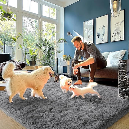 Dark Gray Fluffy Rug Plush Carpet for Bedroom Dorm, Non-Slip High Pile Rug, Shag Rug for Playroom Nursery Home Office Decor 8X10 Ft