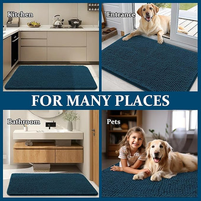 OLANLY Dog Door Mat for Muddy Paws 59x32, Absorbs Moisture and Dirt, Absorbent Non-Slip Washable Doormat, Quick Dry Chenille Mud Mat, Entry Indoor Entryway Carpet for Inside Floor, Atlantic Blue