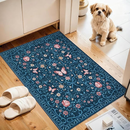 GarveeHome 2x3 Floral Area Rug Non Slip Entryway Mat Low Pile Stain Resistant Butterfly Kitchen Rugs Soft Small Throw Carpet for Dining Room Bedroom Washable Bow Rugs for Living Room Bathroom, 2x3