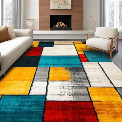Flatwoven High Traffic Area Rug 4x6, Eclectic Mosaic Patchwork with Distressed Abstract Shapes and Lines, Non Slip, Stain Resistant, Washable Area Rugs for Living Room, Bedroom (Red, 4x6)