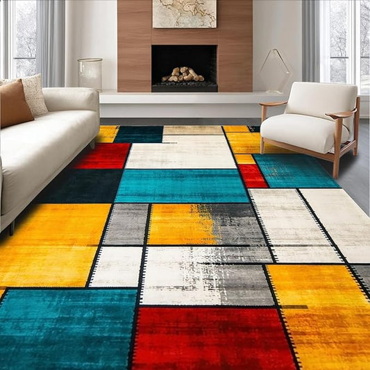 Flatwoven High Traffic Area Rug 4x6, Eclectic Mosaic Patchwork with Distressed Abstract Shapes and Lines, Non Slip, Stain Resistant, Washable Area Rugs for Living Room, Bedroom (Red, 4x6)