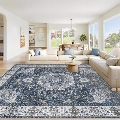 Area Rug 8x10 Washable Rug, Vintage Boho Medallion Rugs Non-Slip Soft Low Pile Large Distressed Rug Indoor Retro Carpet for Living Room Bedroom Dining Room Home Office (Vintage Blue, 8'x10')