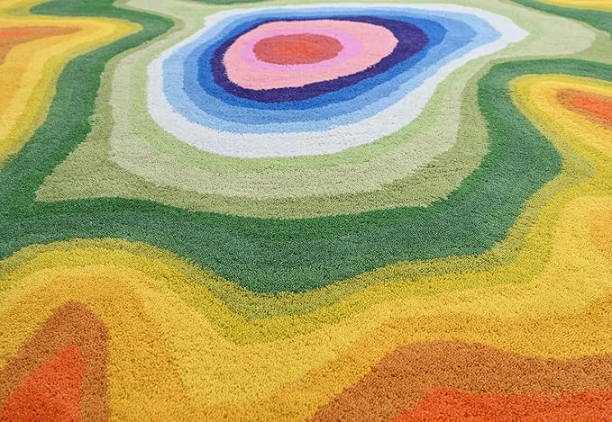 Irregular Shaped Handmade Wool Area Rug | Modern Colourful Stripe Premium Carpet | Perfect for Living Room, Bedroom, Dining Room & Home Decor (Rainbow, 7x7 ft)