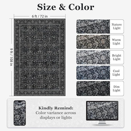 Charcoal Black Area Rug 6x9, Vintage Earth Tone Dark Rugs for Living Room Bedroom, Washable Non Slip Low Pile Thin Carpet Rug for Dining Room Guest Room Home Office