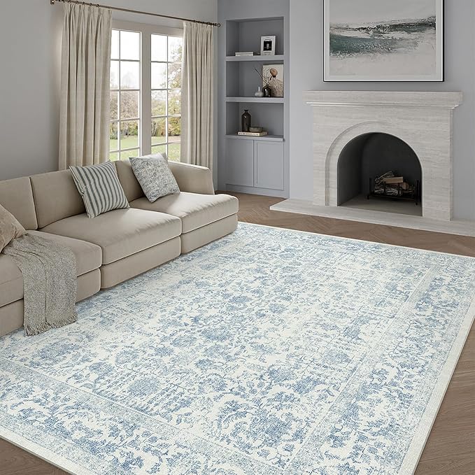 Blue Area Rug 10x14 Machine Washable Large Vintage Living Room Distressed Non Slip Carpet Traditional Indoor Bedroom Grey Retro Floral Accent Throw Rug for Office Kitchen Dining Room