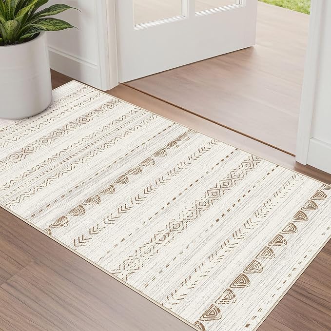 2X4 Rug Washable Area Rug: Small Soft Boho Farmhouse Neutral Moroccan Non Slip Indoor Low Pile Accent Floor Throw Carpet for Bedroom Bathroom Entryway Kitchen Hallway Closet Home Door - Brown