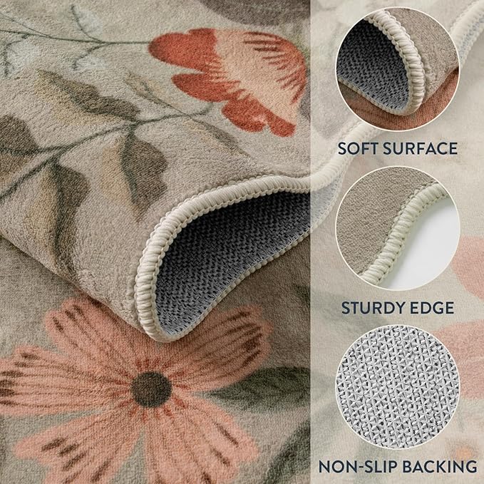 Lahome Floral Runners for Hallways, 2'6''x8' Kitchen Runner Rug Non Slip, Soft Washable Runner with Rubber Backing Carpet for Laundry Bedroom Bathroom(Brown)