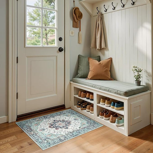 Area Rugs 2'x3' Washable Non-Slip, Floral Vintage Distress Print Pattern Medallion Carpet for Living Room Bedroom Dining Room, Green Navy Blue White Red Teal Colorful