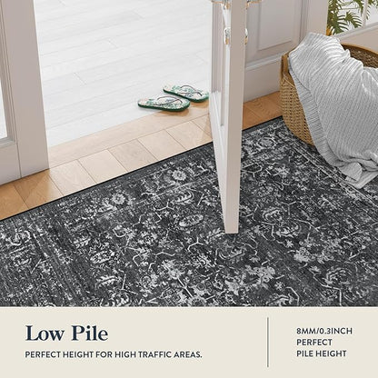 Lahome Washable Black 4x6 Area Rugs for Living Room Bedroom, Boho Vintage Non Slip Stain Resistant Floor Dining Room Carpet for Office Entrance Decor