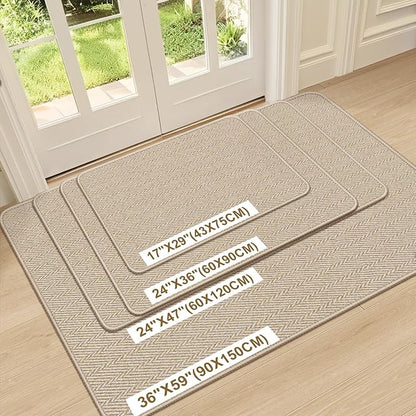 Ultra Thin Door Mat Indoor Entrance 36"x59", Low-Profile Indoor Door Mat, Large Non Slip Entry Mat Rubber Backing Unique Herringbone Design Inside Doormat Dirt Trapper Entryway Mats, Beige