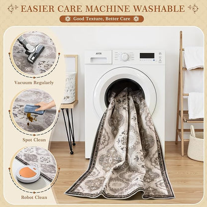 EnHomee Washable Area Rugs 4x6, Soft Area Rug for Living Room Bedroom, Boho Non Slip Low Pile Stain Resistant Washable Rug Large Carpet for Dining Room,Easy to Clean Living Room Rug, Khaki