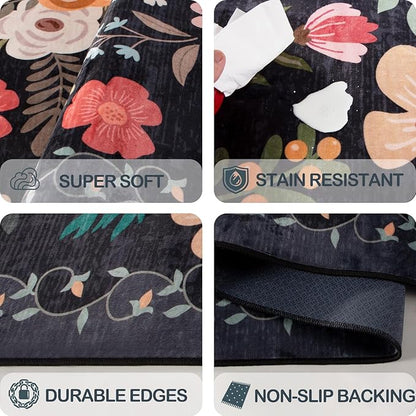 Washable 2'6" x 8' Runners for Hallways, Non Slip Long Floor Runner for Kitchen, Entryway Indoor, Stain Resistant Rubber Backing Floral Décor Rug (Black)
