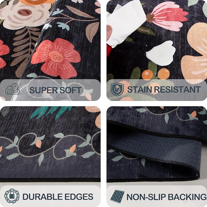 Extra Large 10x14 Area Rug for Living Room, Washable Rugs for Dining Room, Bedroom, Non Slip Stain Resistant Carpet, Low Pile Vintage Floral Rug (Black)