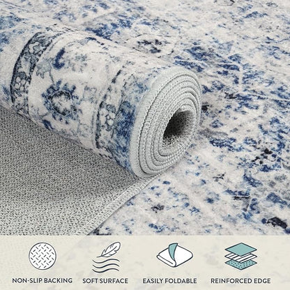 Lahome Vintage 8x10 Rugs for Living Room, Large Washable Rug for Bedroom Office, Boho Distressed Dining Room Rug Soft Stain Resistant Low Pile Accent Carpet for Home Playroom (8'x 10', Blue)
