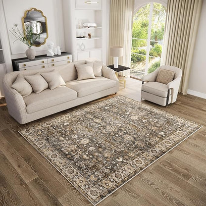 Washable Area Rugs 5'x7' Non-Slip Vintage Boho Distressed Fade Resistant Low Pile Carpet for High-Traffic Living Room, Bedroom & Dining Room