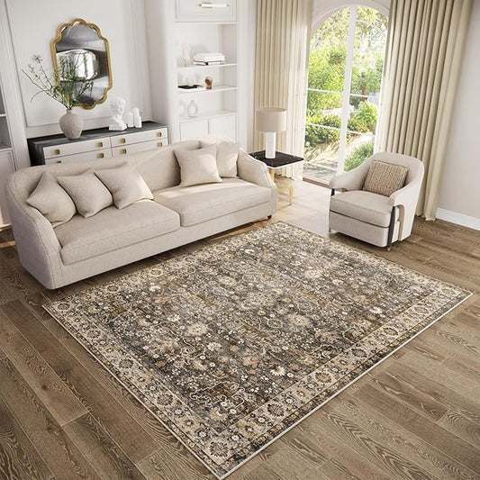 Washable Area Rugs 5'x7' Non-Slip Vintage Boho Distressed Fade Resistant Low Pile Carpet for High-Traffic Living Room, Bedroom & Dining Room