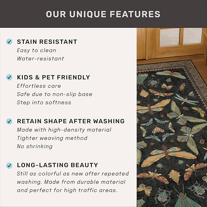 Washable Black 6ft Round Area Rugs for Bedroom Beside Bed - Dark Unique Insect Print Circle Rug for Living Room, Dining Room, Vintage Nature Insect Design, Low Pile & Soft