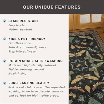 Green and Black 3x10 Wide Washable Runner Rugs for Hallway, Boho Insect Design Long Runner Rug for Kitchen Non Slip, Large Entryway Mats, Low Pile & Soft Stain Resistant Carpet