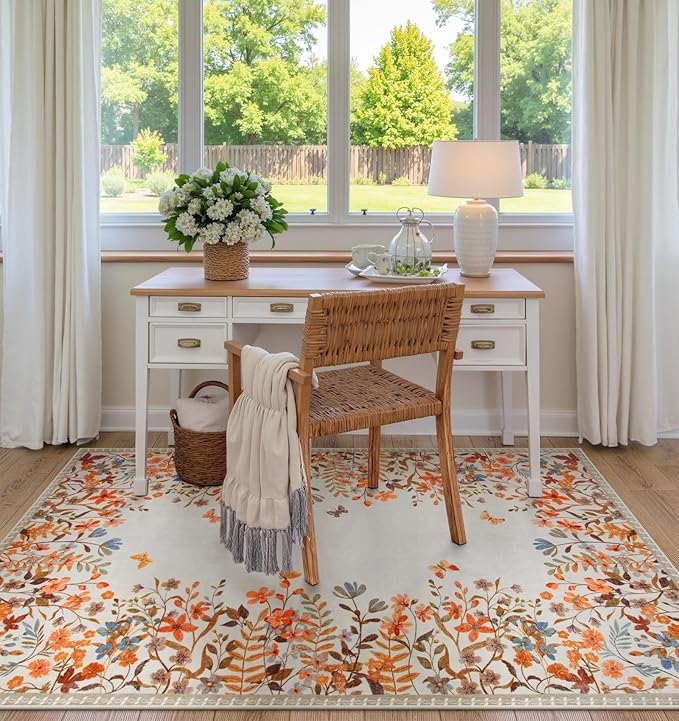 Wonnitar Floral Washable Area Rug 4x6 Halloween Rug, Non-Slip Soft Fall Rugs for Bedroom, Low Pile Botanical Nursery Rug Carpet for Bedside Kids Room Dorm Decor (Orange,4'x6')