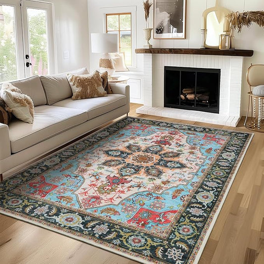 WILLSUN Washable Area Rugs, 3x5 Non-Slip Boho Large Area Rugs for Living Room, Bedroom, Machine Washable Vintage Rug, Indoor Floral Print Carpet for Home Decor, Kid & Pet Friendly Mat